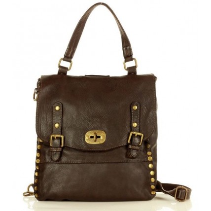 K41 Sac à dos  2 en 1 noir brun cuir vintage pour femme. Sac à dos urbain avec rivets
